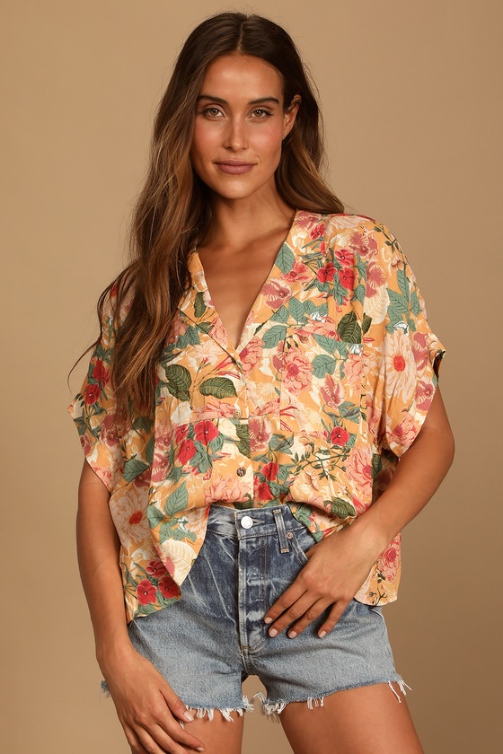 Island Style Orange Floral Print Button-Up Short Sleeve Top Womens Wear Daily